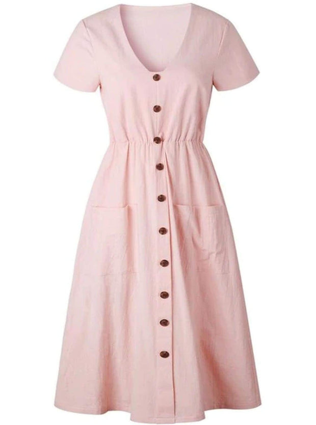 pink dress with buttons down the front