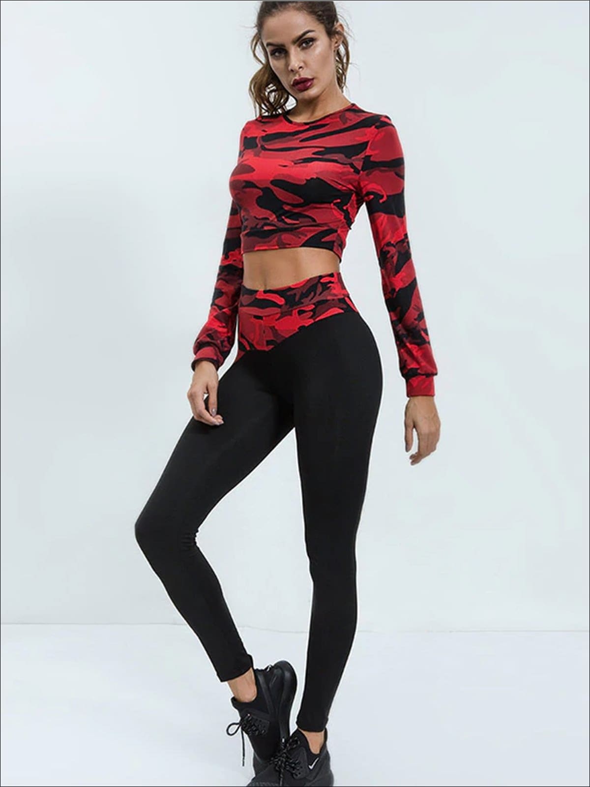 Women's Camo Print Long Sleeve Crop Top Andamp; Leggings Set – Mia