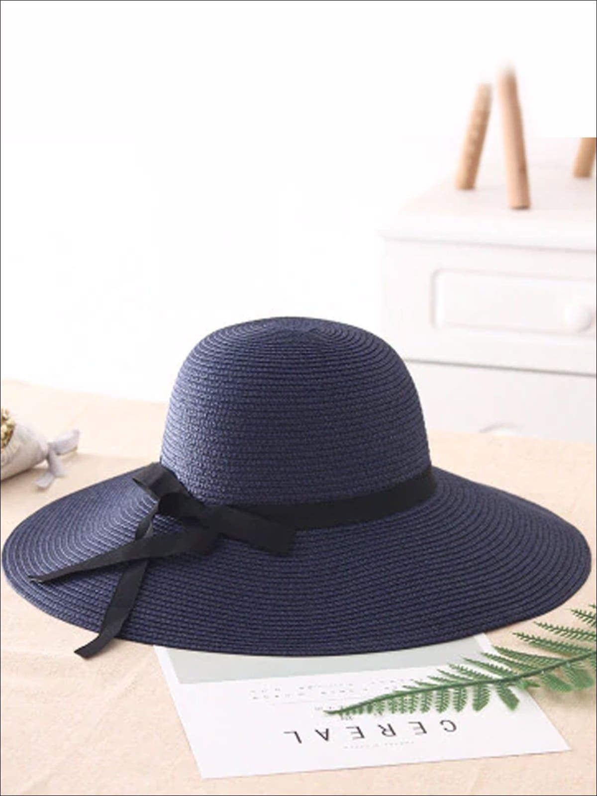 Womens Casual Straw Hat With Black Ribbon - Blue - Womens Accessories