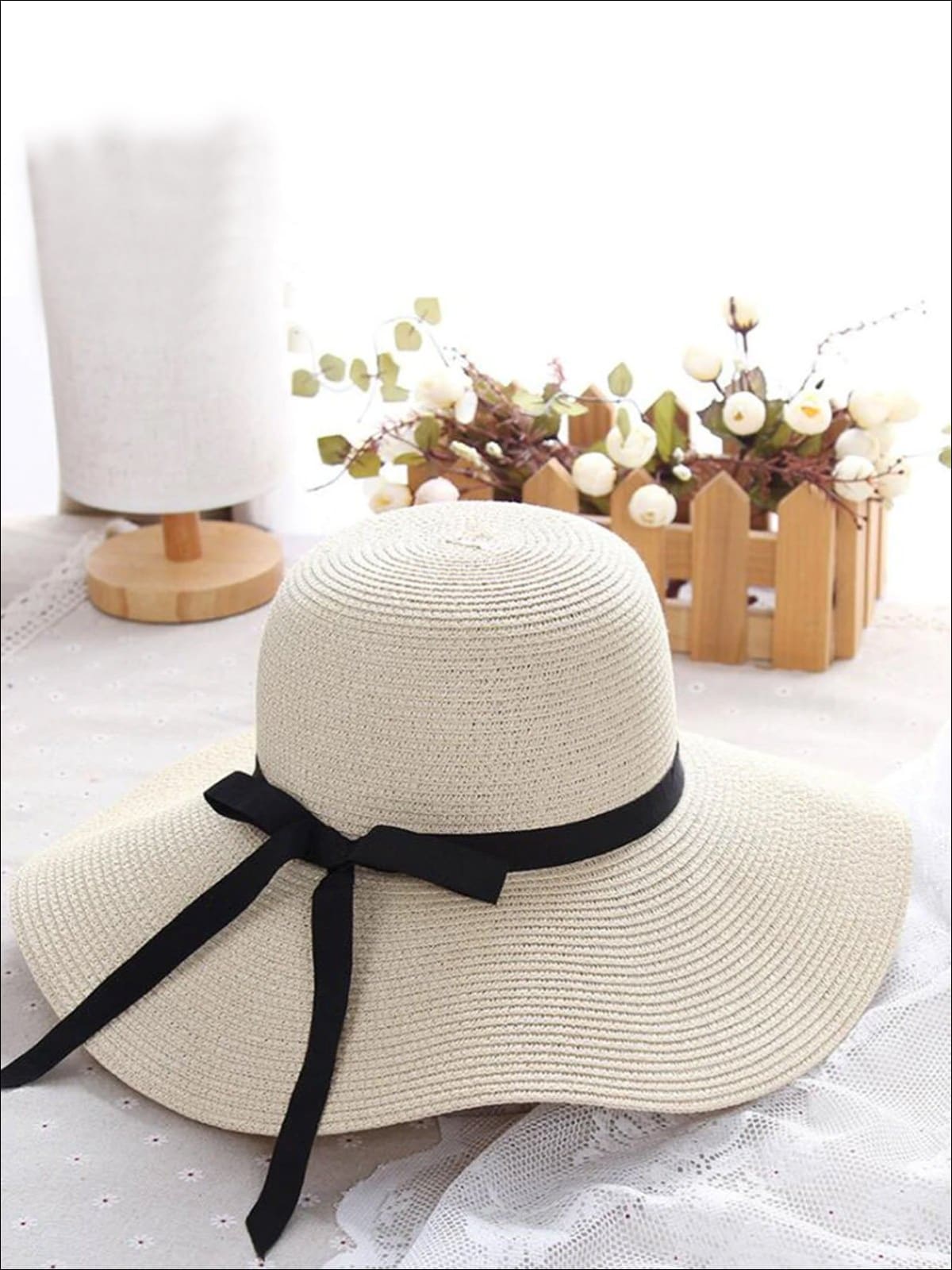 Women's Casual Straw Hat with Black Ribbon, Beige