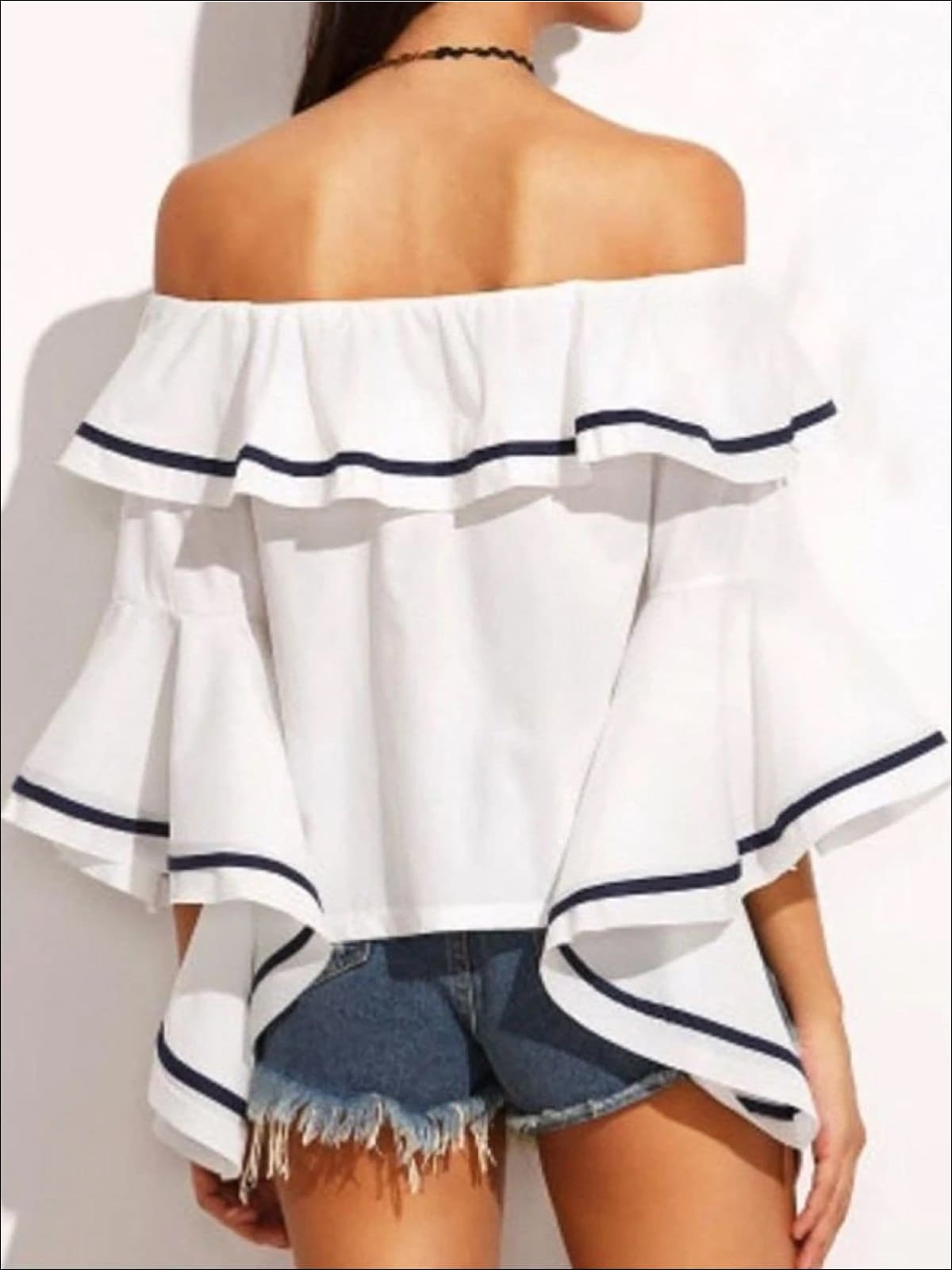 Women’s Color-Block Trim Off Shoulder Ruffle Blouse – Mia Belle Girls