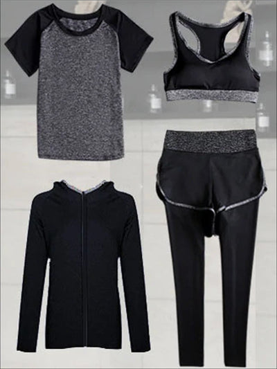 Women's Two Tone Active Long Sleeve Top & Leggings with Shorts Set