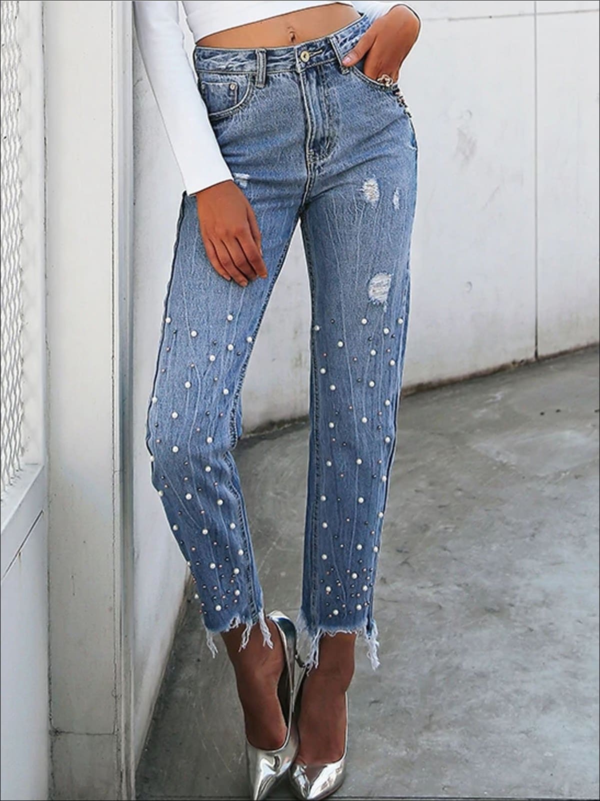 Women's Cropped Hem Pearl Embellished Ripped Jeans - Mia Belle Girls