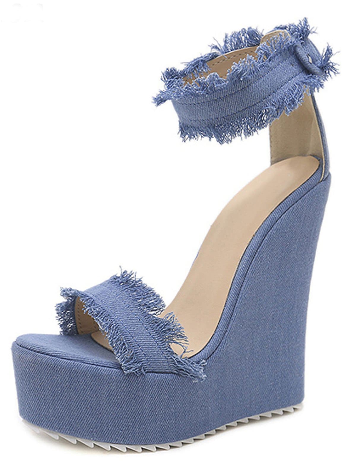 Women Denim Blue Platform Sandals Fashion High Heels for Short Girls Denim  Buckle Decor Espadrille Wedge Sandals