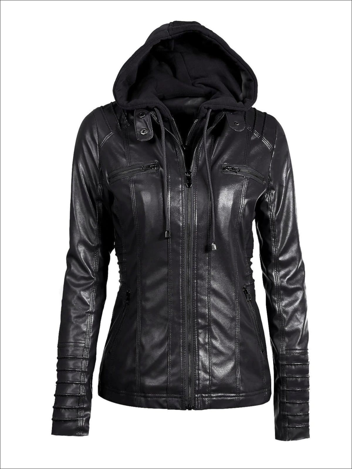 Womens Black Leather Hooded Jacket