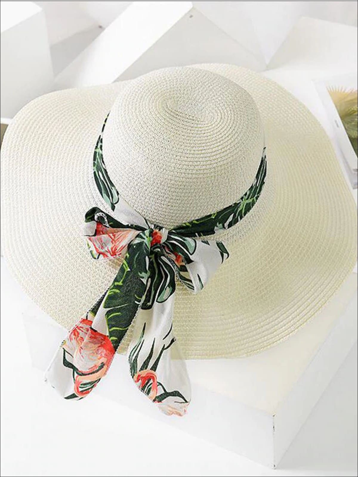 Womens Fashion Straw Hat with Printed Ribbon (6 Color Options), White