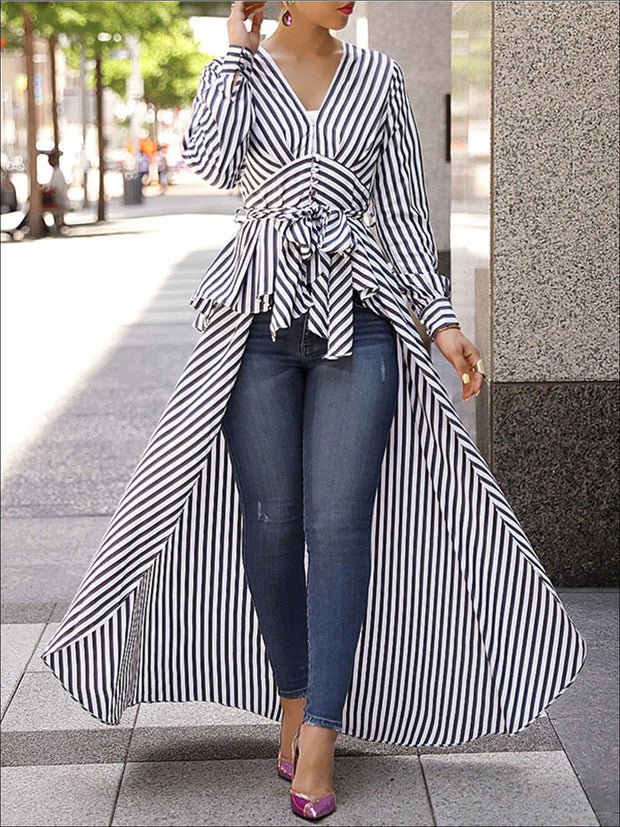 Long Striped Blouse | Waist Long Tail Blouse - Mia Belle Girls