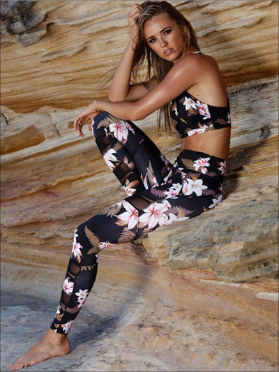 Women's Fashion Print Detail Long Sleeve Crop Top Legging Set