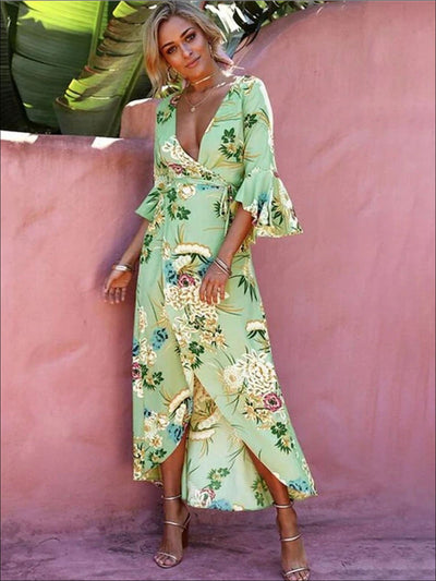 Women’s Floral Flare Sleeve Hi-Lo Wrap Dress – Mia Belle Girls
