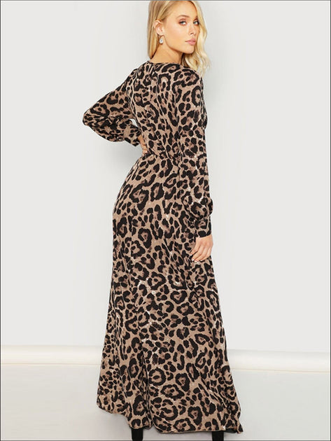 Women's Leopard Print Long Sleeve Wrap Maxi Dress – Mia Belle Girls