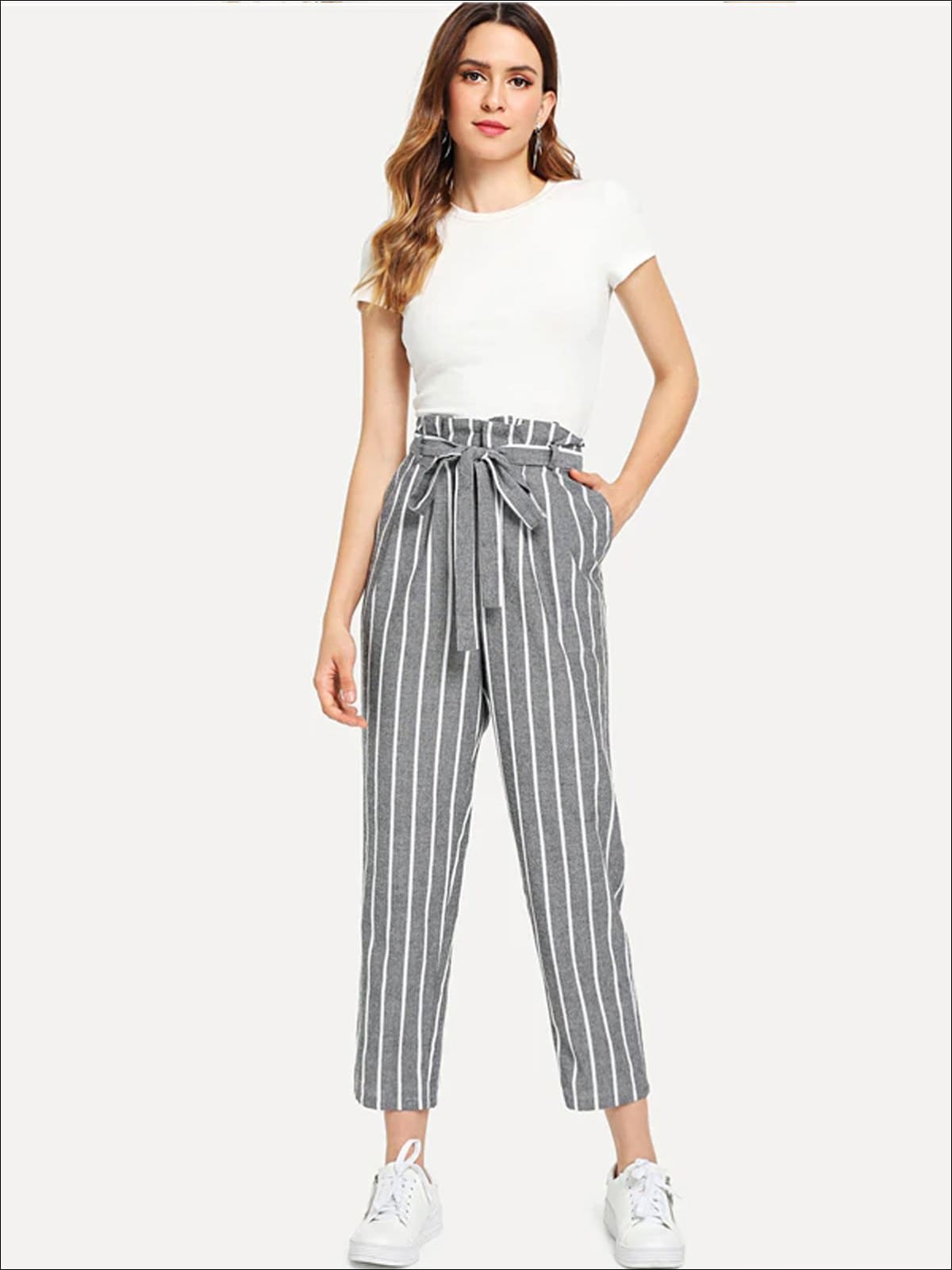 Women's Striped Belted Tapered Pants – Mia Belle Girls