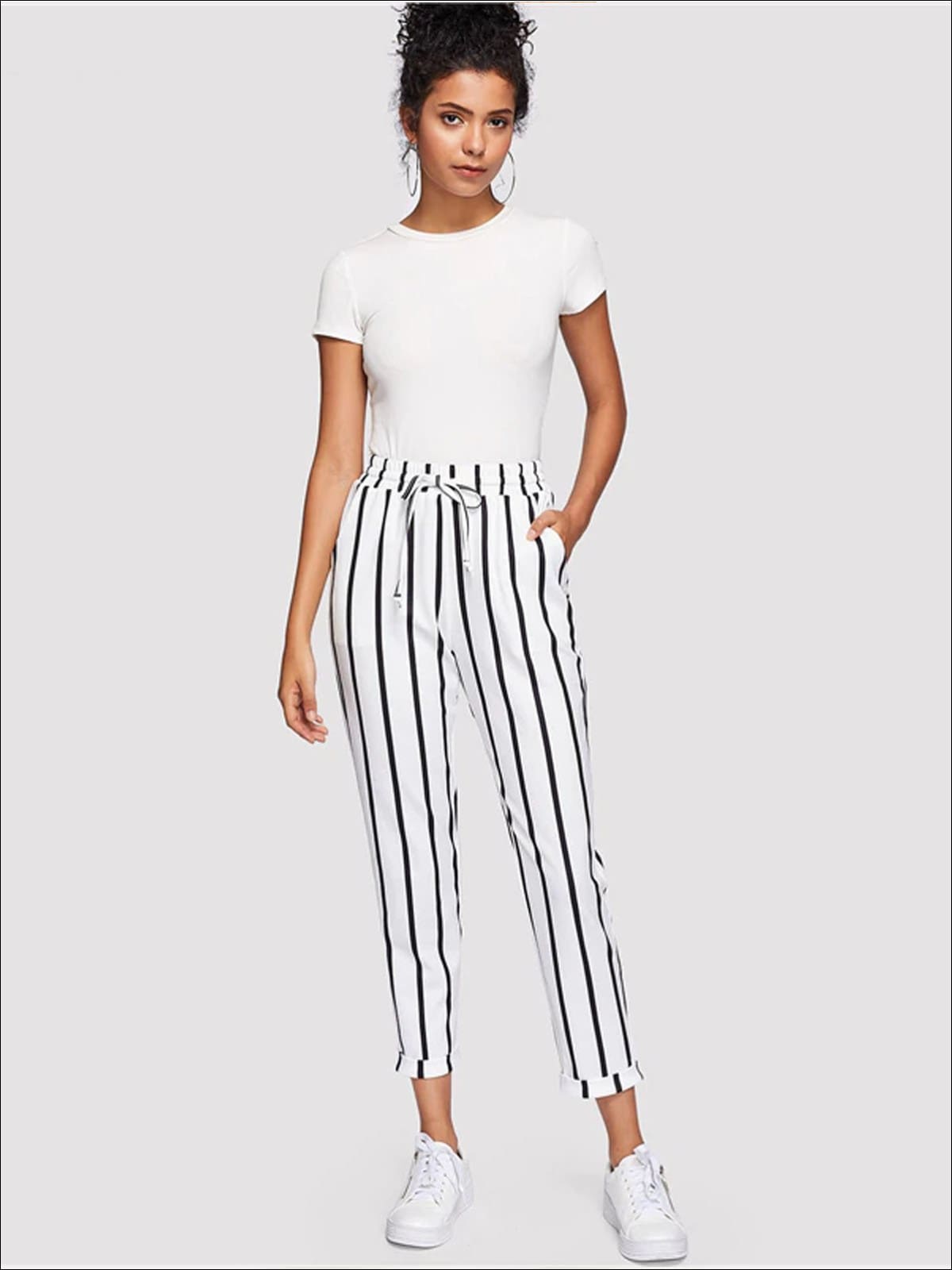 Women's Striped Drawstring Waist Tapered Pants With Folded Hem Detail