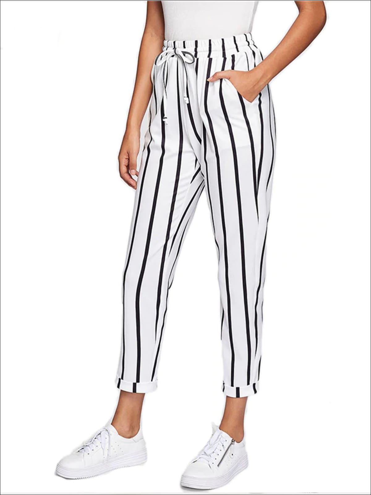 Women's Striped Drawstring Waist Tapered Pants With Folded Hem