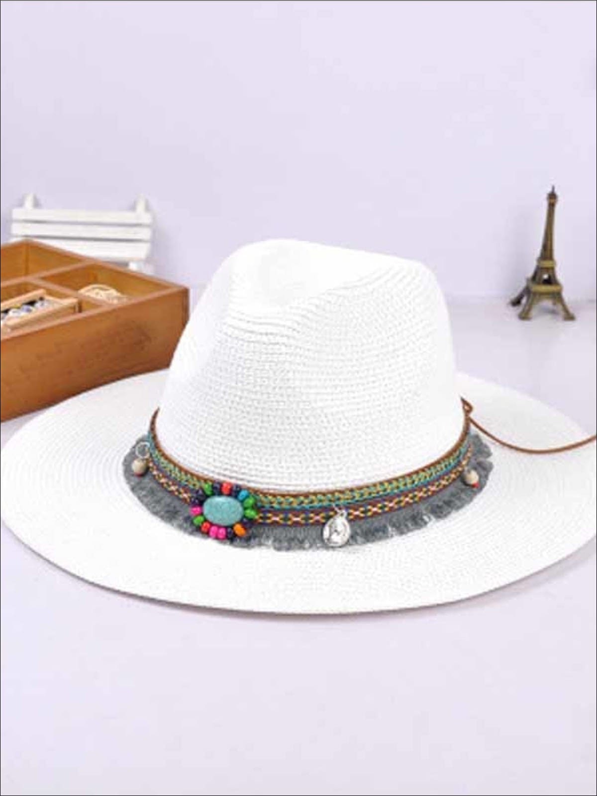 Womens Vintage Jazz Hat with Tribal Appliques (4 Color Options), White