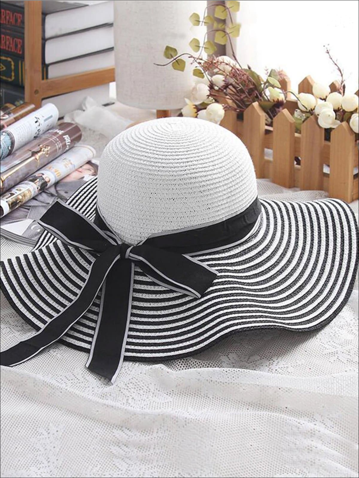 Women's Vintage Striped Wide Brim Summer Hat, Black / About 56-58cm