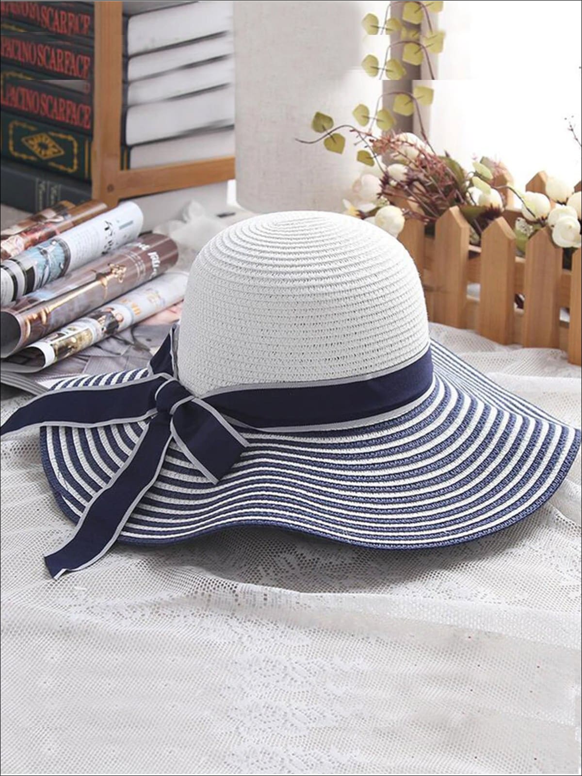 Women's Vintage Striped Wide Brim Summer Hat Blue / About 56-58cm