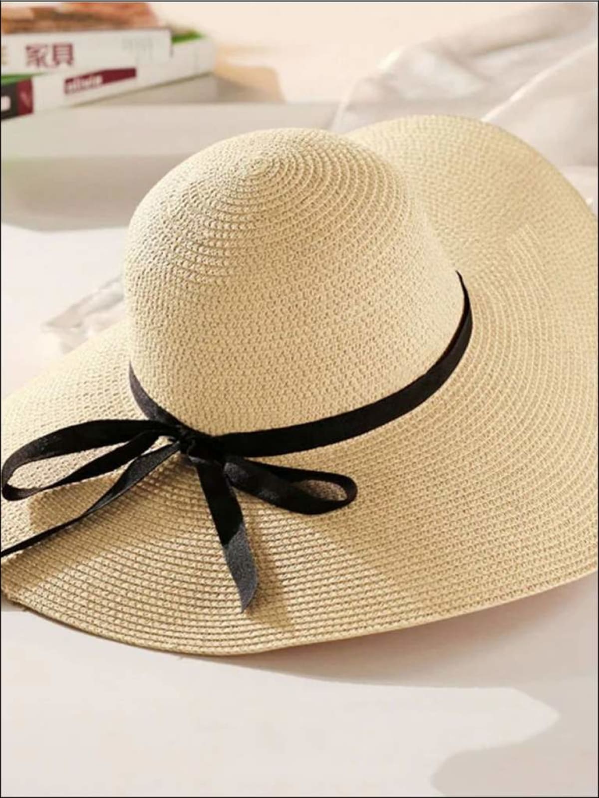 Womens Wide Brim Straw Hat with Black Ribbon (6 Color Options), Beige