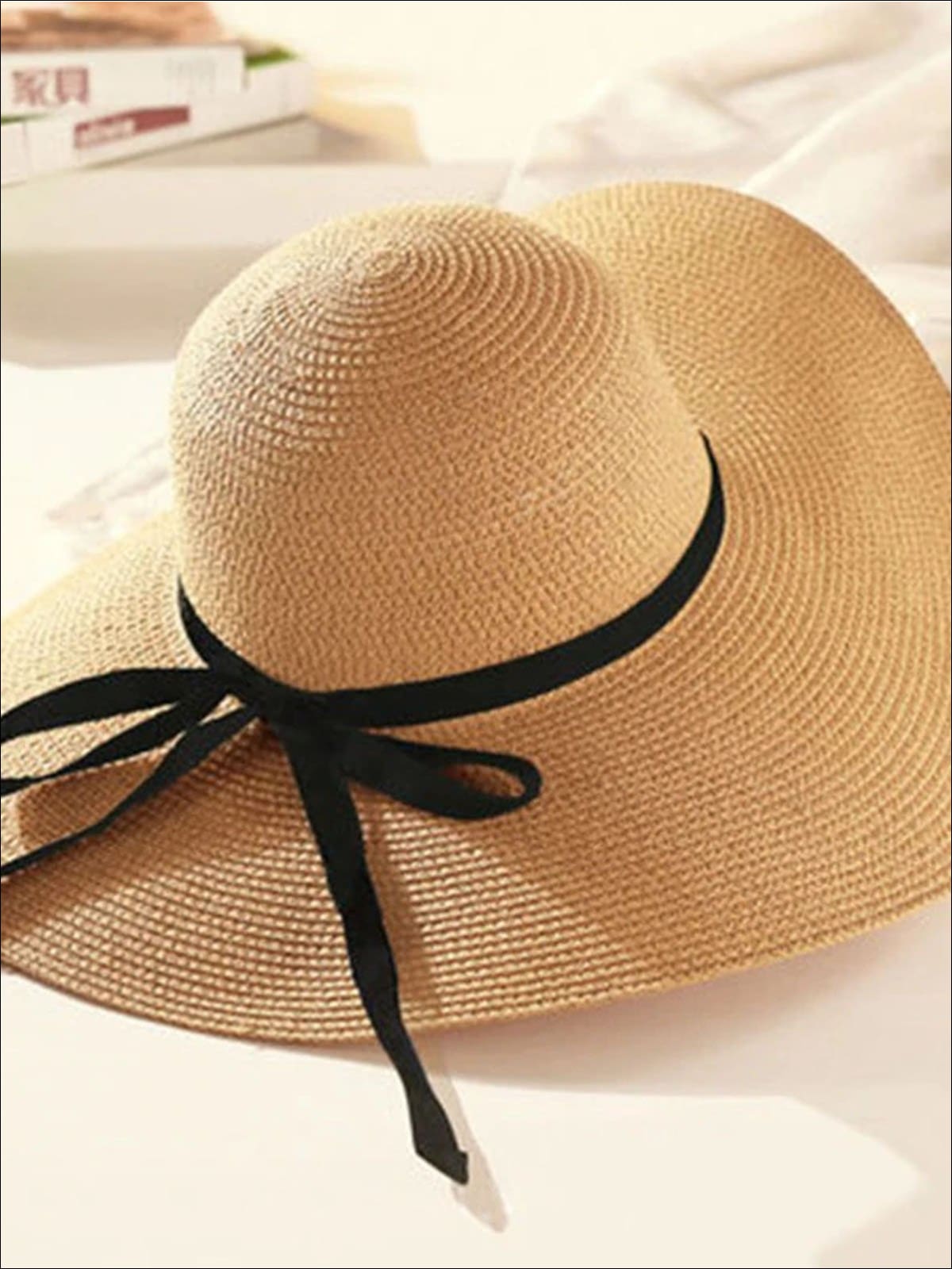 Womens Wide Brim Straw Hat with Black Ribbon (6 Color Options), Brown