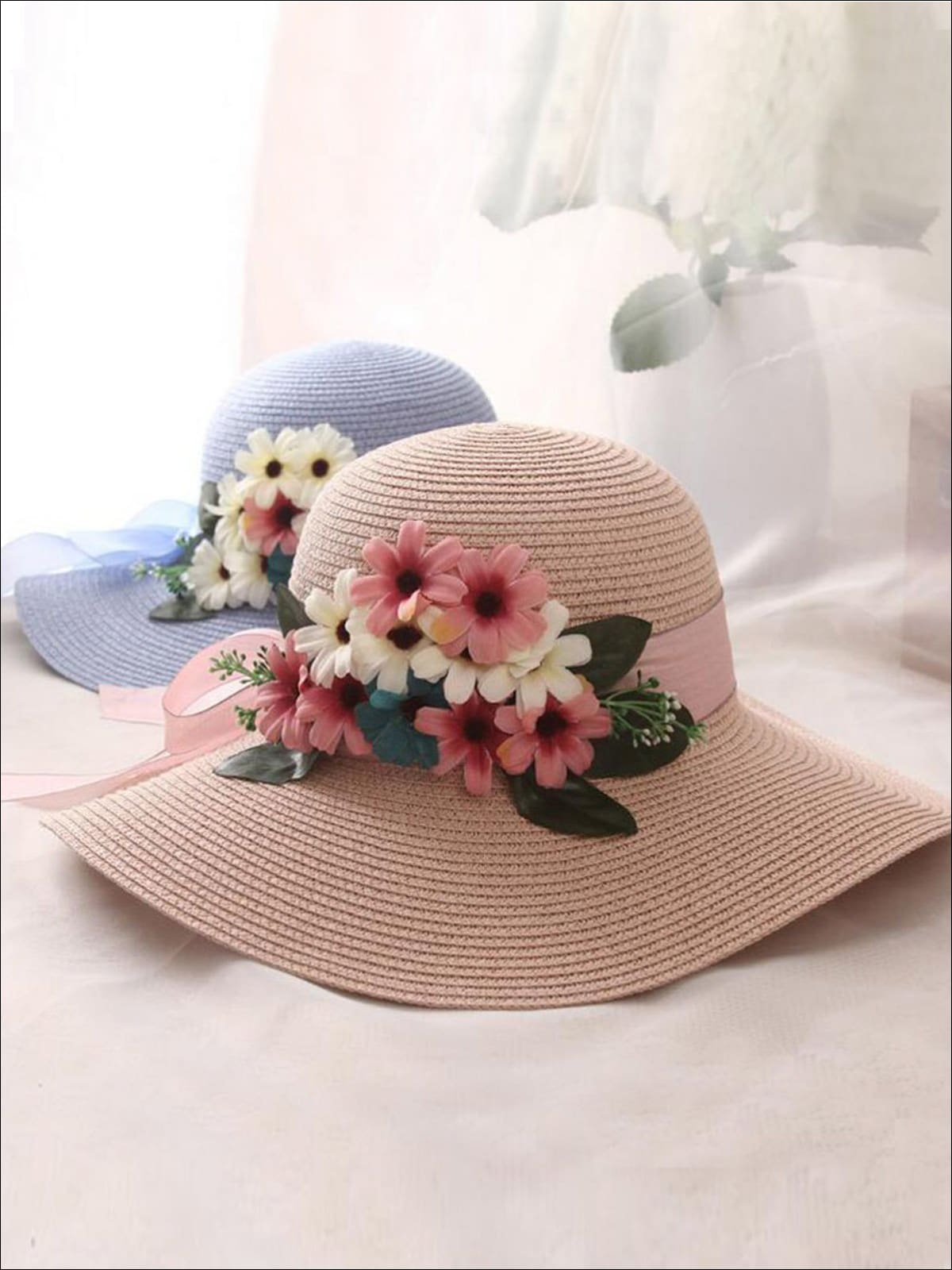 Women's Wide Brim Straw Hat with Flower Sash Pink