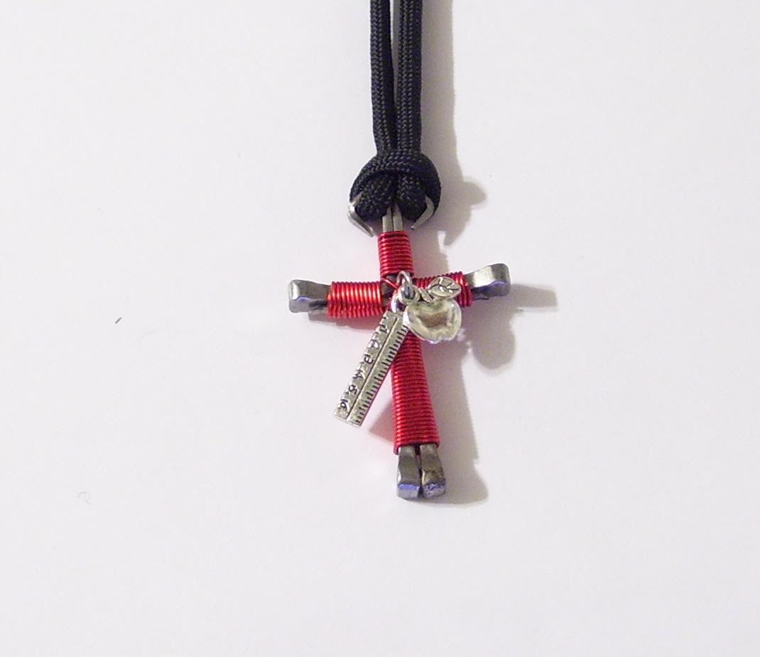 Teacher Nail Cross Necklace With Ruler and Apple Charms