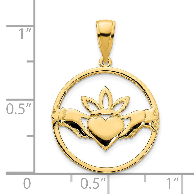 14k Yellow Gold Open Back Solid Polished Finish Womens Claddagh Circle Design Charm Pendant
