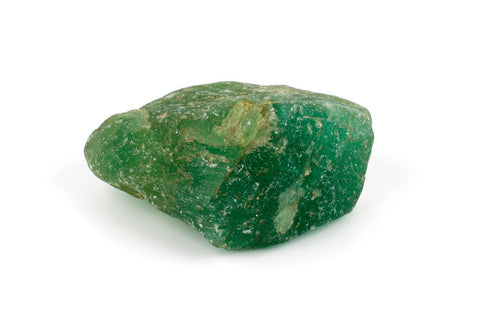 Green fluorite crystal on a white background.