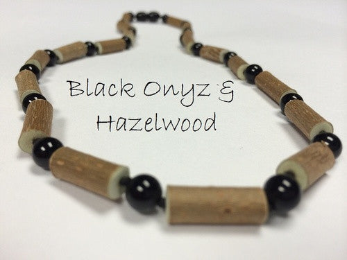 19" Hazelwood (For Heart Burn, Acid Reflux, Eczema) Polished Mixed With Black Onyx (adult ADHD, Anxiety, Stress) Necklace For Adult, Teenager