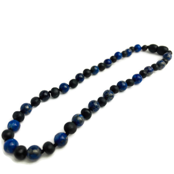 12.5 inch Baltic Amber Necklace Polished Black Cherry & Lapis Lazuli