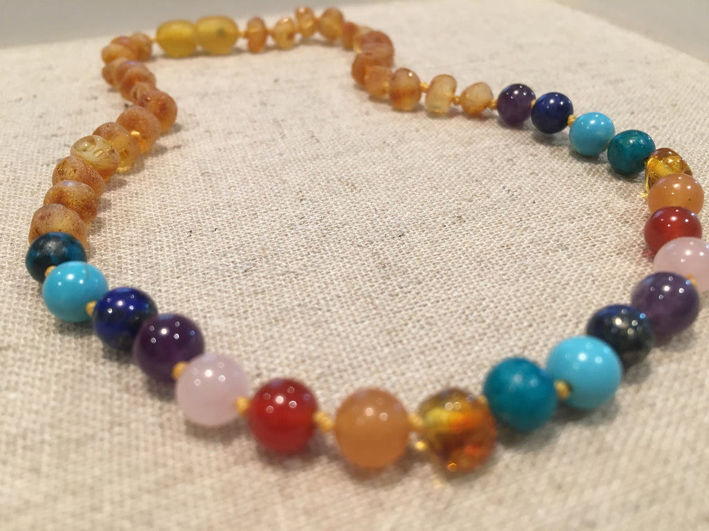 Baltic Amber Necklace - Half Back Baltic Amber Teen Adult 17 Inch Necklace Rainbow Honey Amber Pink Rose Quartz Red Agate Aventurine Cyrsocolla