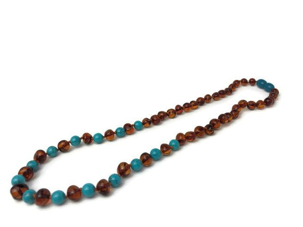 Polished Cognac Turquoise 17 Inch Baltic Amber Necklace for Big Kid, Child, or Adult