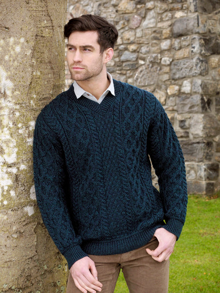 TRADITIONAL MERINO V NECK ARAN SWEATER - The Irish Celtic Craft Shop