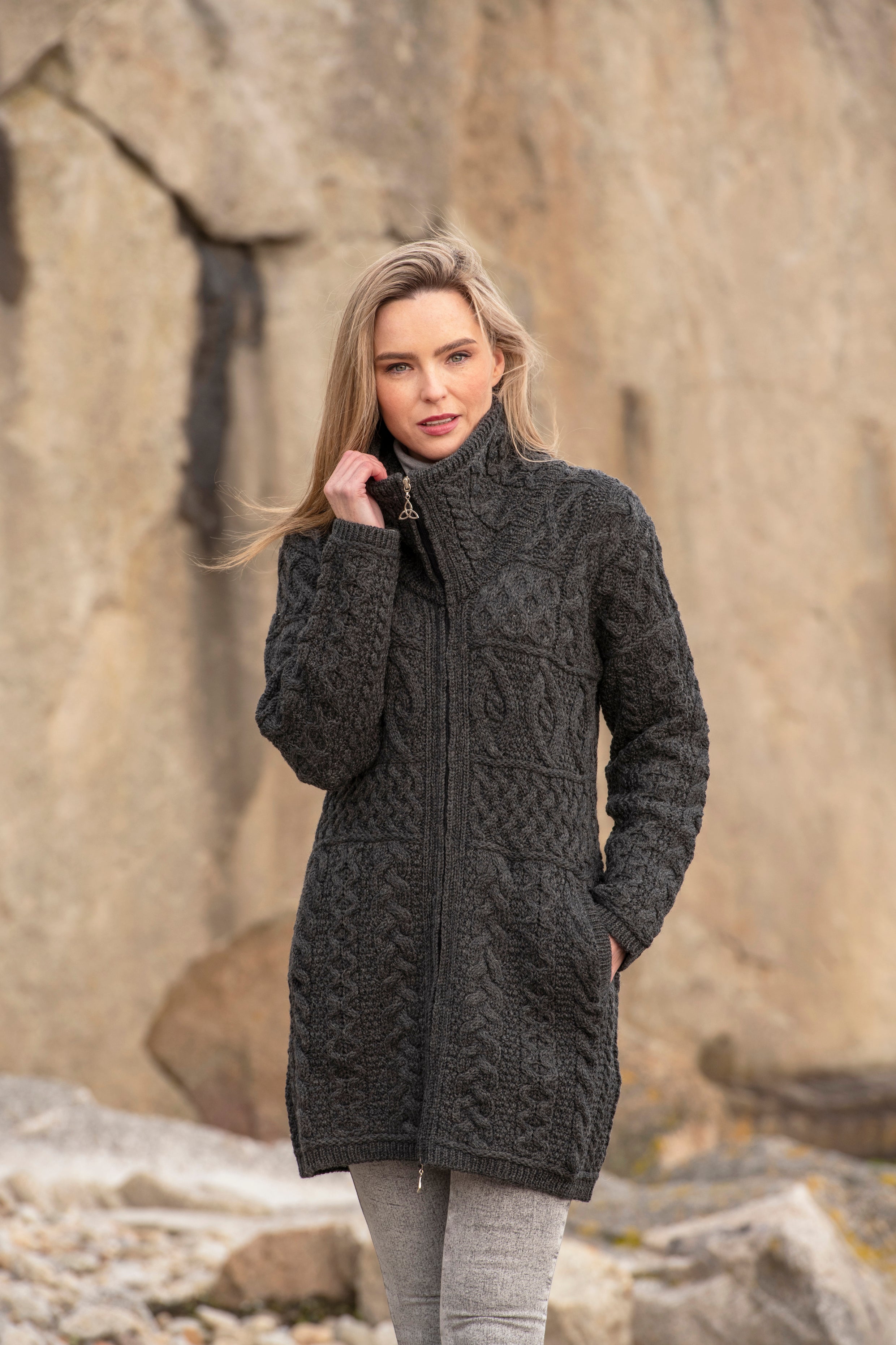 LADIES DOUBLE COLLAR MERINO ARAN COAT - The Irish Celtic Craft Shop