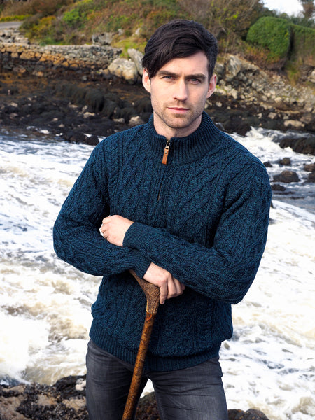 DONEGAL ZIP-NECK IRISH ARAN SWEATER - The Irish Celtic Craft Shop