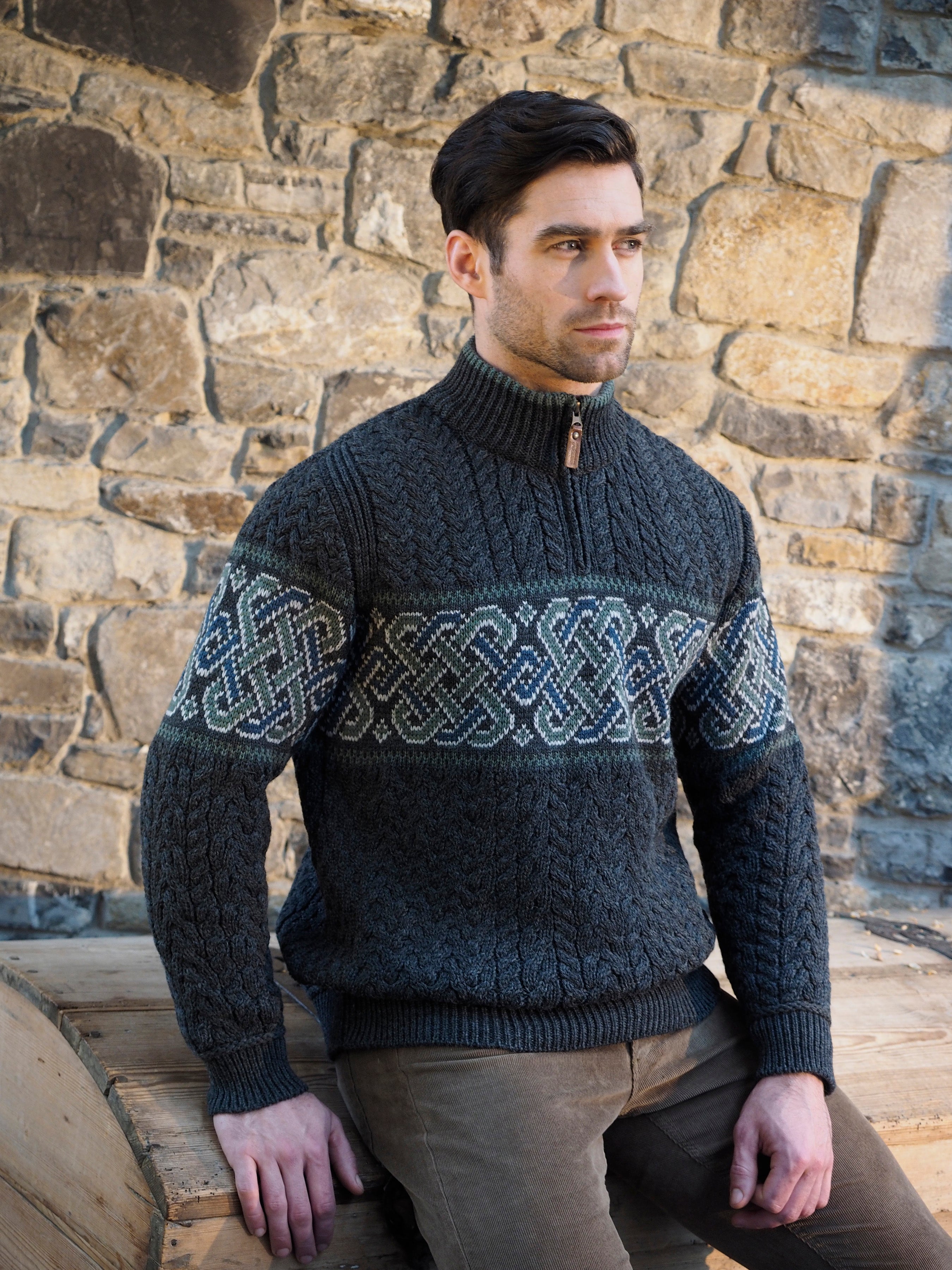 ARAN JACQUARD SWEATER WITH HALF ZIP - The Irish Celtic Craft Shop