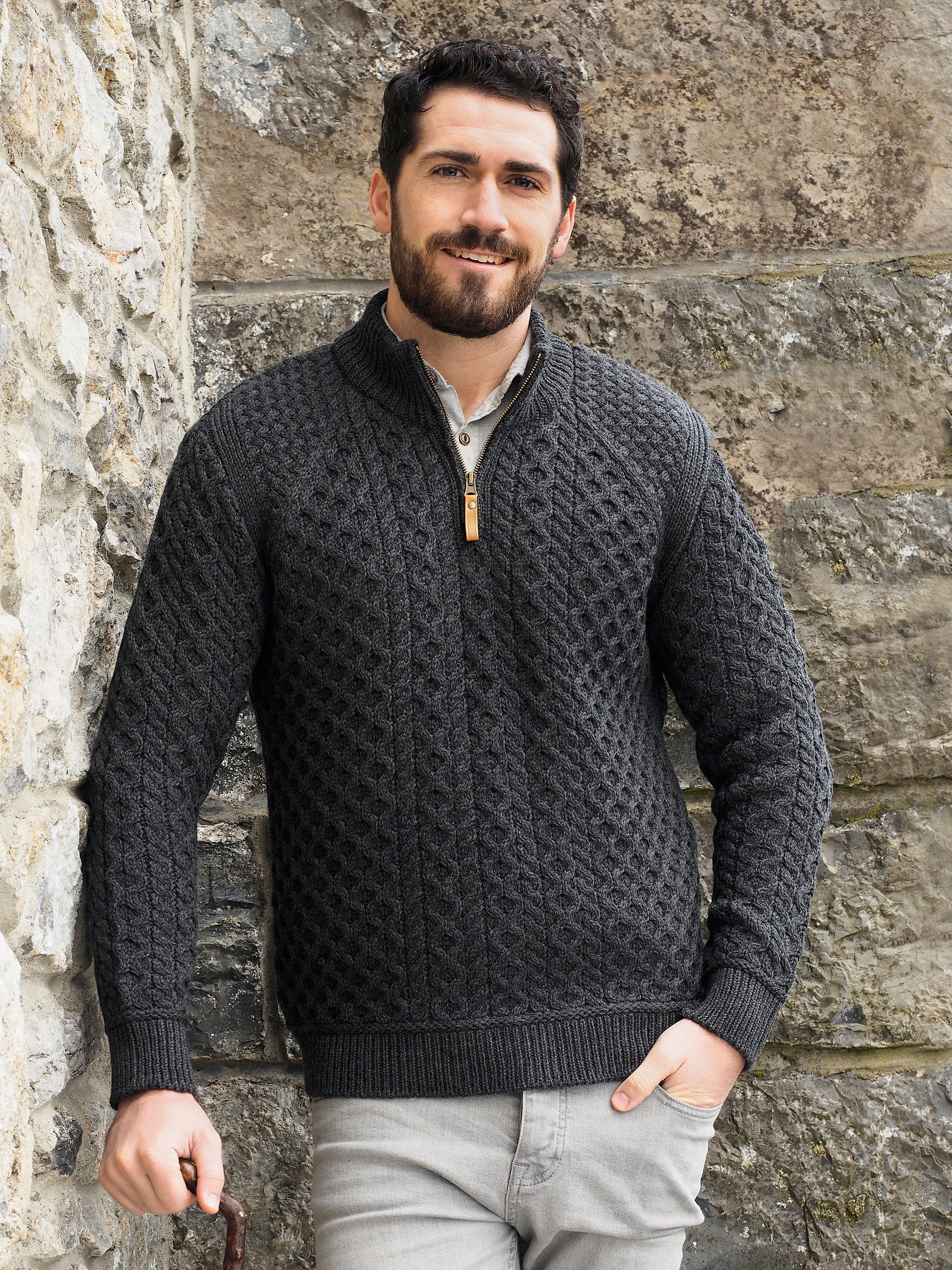 SUPER SOFT HALF ZIP DESIGN ARAN SWEATER 