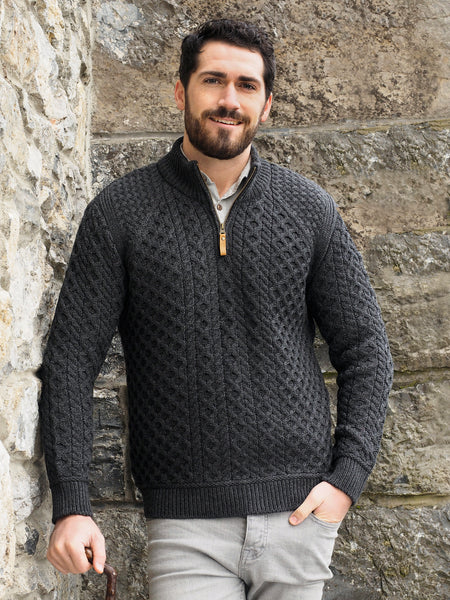 SUPER SOFT HALF ZIP DESIGN ARAN SWEATER - The Irish Celtic Craft Shop