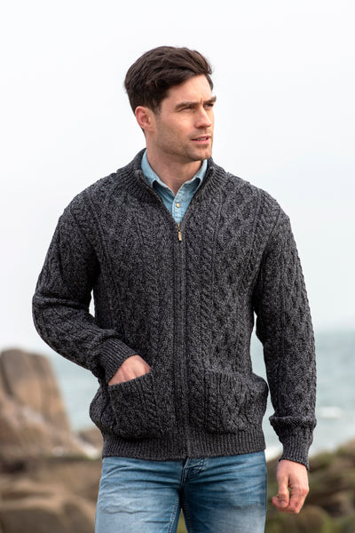 DIAMOND AND CABLE KNIT ARAN CARDIGAN WITH ZIP - The Irish Celtic Craft Shop