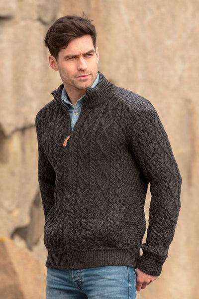 FULL ZIP ARAN CARDIGAN WITH SHOULDER PATCH DESIGN - The Irish Celtic ...