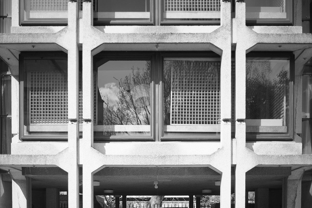 b&w photo of brutalist building