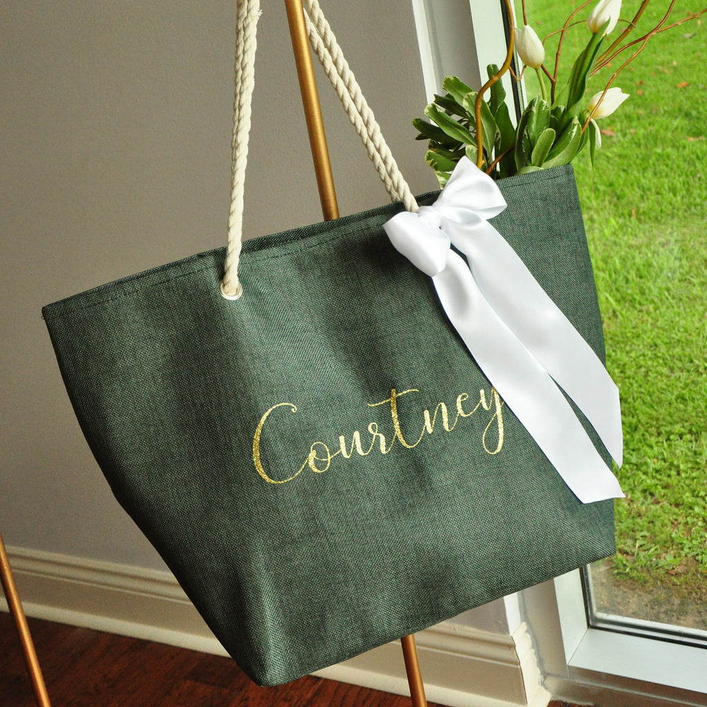 Hunter Green Personalized Beach Bag Qty 1 Bridal Party Gift Bridesmaid Beach Tote H22bt