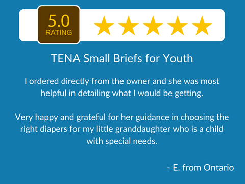5 star review - TENA Small Briefs in XS, Slip Maxi Small and Small - adult diapers for older children