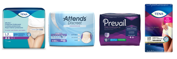 TENA, Prevail and Attends Women's Underwear front packaging
