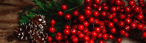 Red berries on woodgrain
