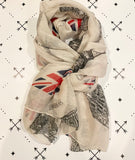 White with British flag fashion scarf, British Flag scarf, London scarf, Big Ben, Palace of Westminster scarf, British Scarf