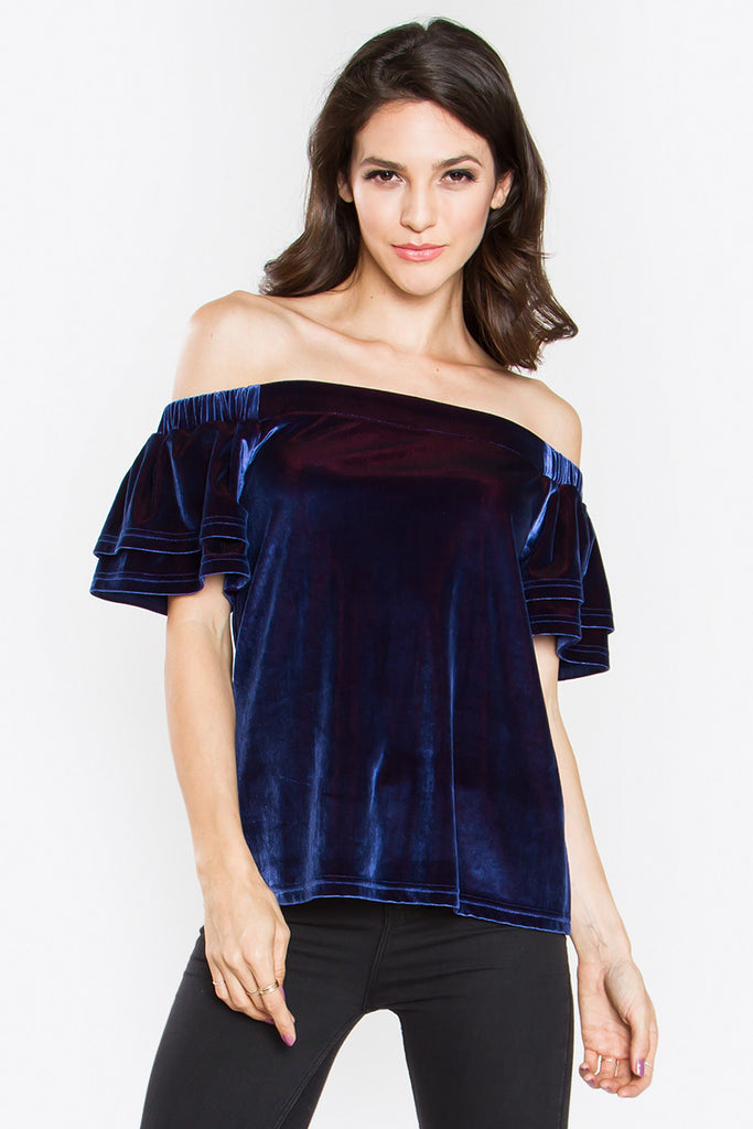 Blue Velvet Off Shoulder Top