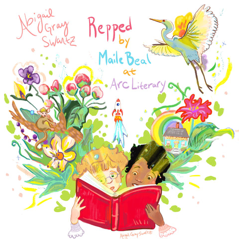 Illustration of two children reading and opening a book with a world of imagination springing forth behind them. Including a rainbow, floral and fauna. PLus the text announcing that Abigail is now repped by Arc Literary