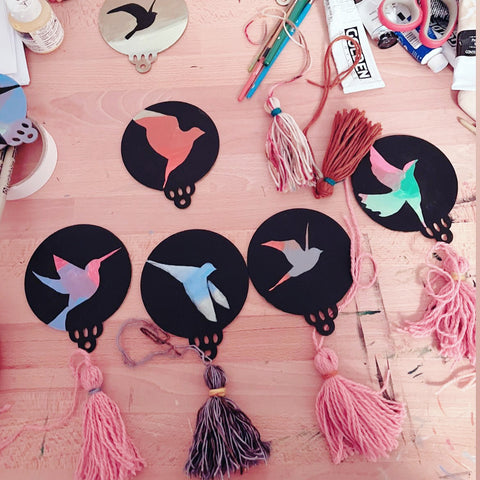 Bird paintings, with tassel, small ornament paintings by artist Abigail Gray Swartz