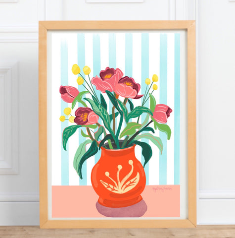 Peonies in a red vase, print, bouquet. Artwork by Abigail Gray Swartz