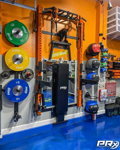 Orange and blue colorful home gym build