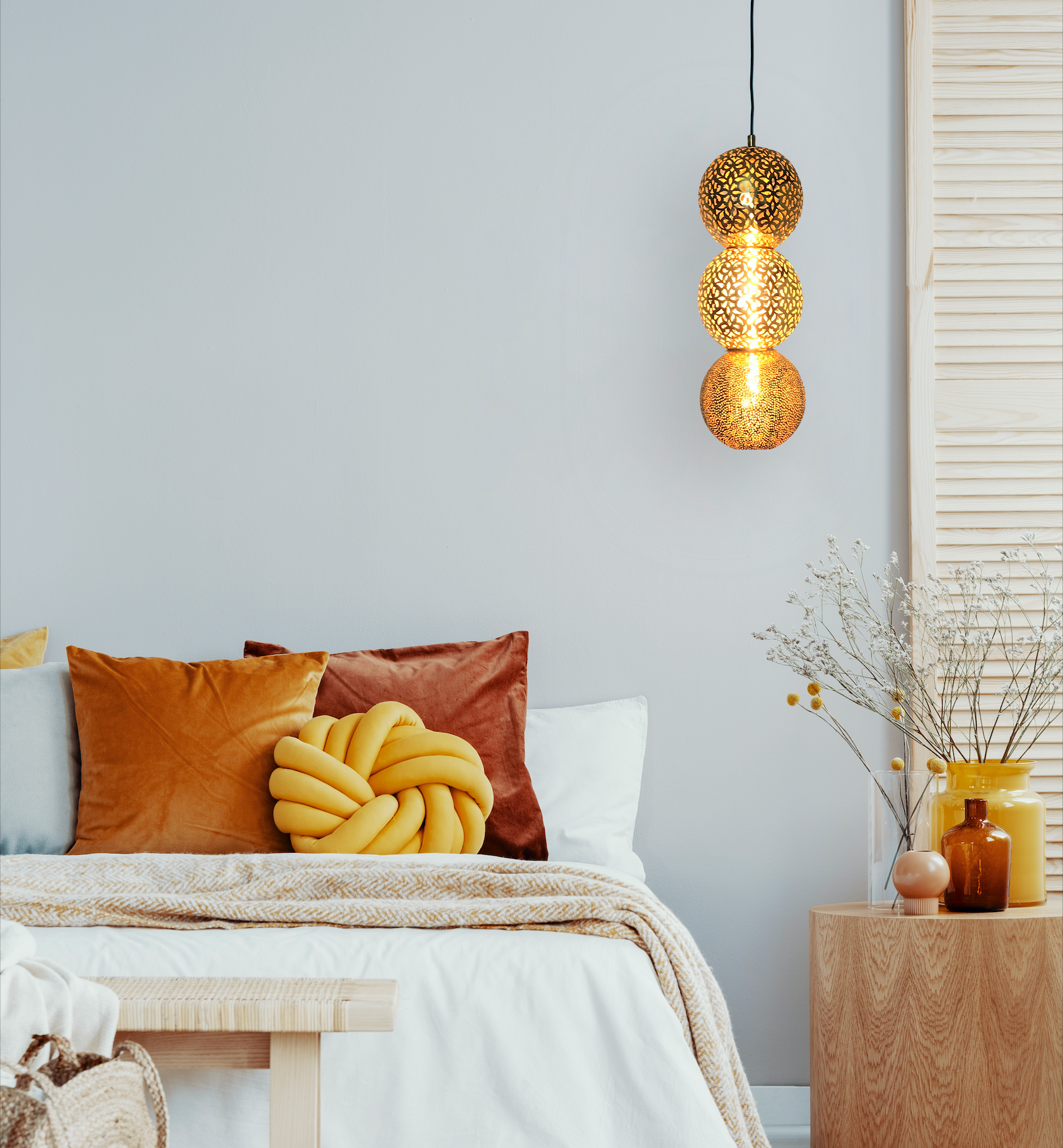 moroccan filigree pendant light in brass by Dounia Home 